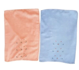Hand Towels Vintage 2  Linen Embroidery Peach and Blue Flowers - Picture 1 of 9