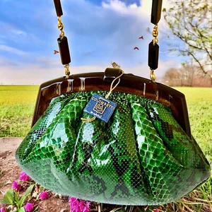 Colombetti Italy Vtg 80's Green Snakeskin Evening Bag Shoulder or Clutch LUCITE - Picture 1 of 16