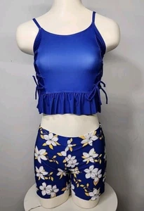 Nwt Girls Bikini Swimsuits With Shorts Kid 3 Piece Bikini Sets 10y Blue Floral  - Picture 1 of 10
