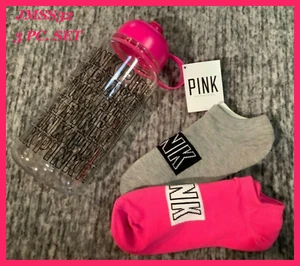 Victoria’s Secret Pink Water Bottle 32 fl oz + Socks (2) Gift Set Pink Black NWT - Picture 1 of 8