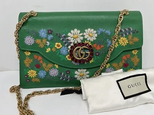 Gucci Linea Ricami Shoulder Bag Embroidered Leather Green Cat - Picture 1 of 13