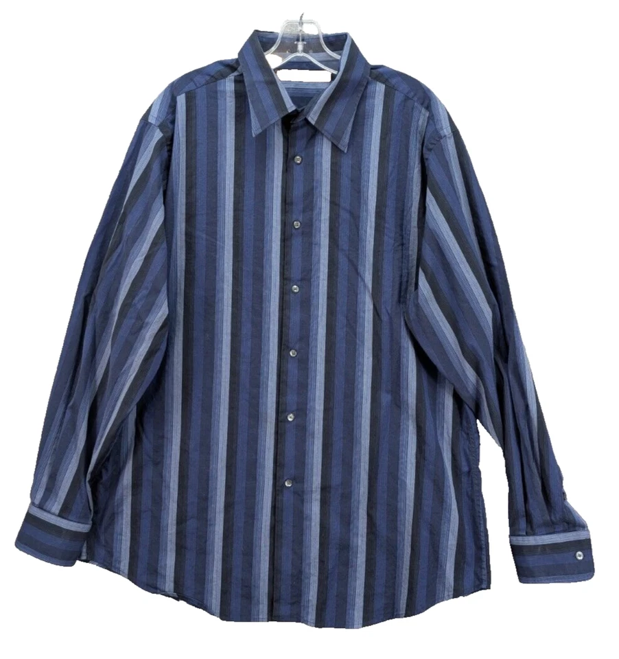Camisa Perry Ellis Para Hombre XG Azul Rayas Abotonada Manga Larga Preppy Elastizada Foto 1 de 4
