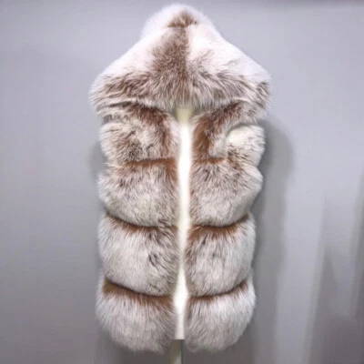 Women Thick Genuine Fox Fur Waistcoats With Hood Fashion Real Fur Winter Gielt - Image 1 of 4