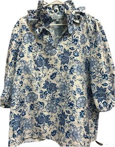 Biesen Bouvier Bluse Top Blau Blumen Rüschenkragen XXL Boho New England - Bild 1 von 11