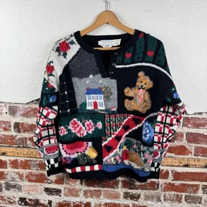 Vintage Eagles Eye Sweater Womens Small Wool Knit Bear House Floral Pullover 80s - Picture 1 of 9