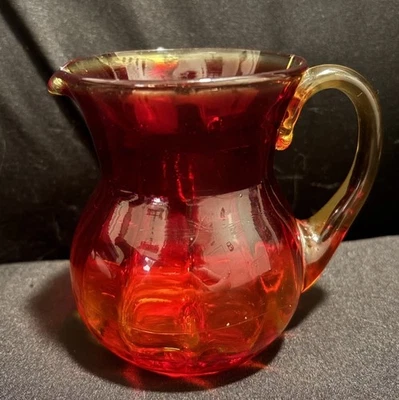 Hand Blown Amberina Art Glass Small Applied Handle Pitcher Ribbed 4 Inch-PERFECT - Image 1 of 3