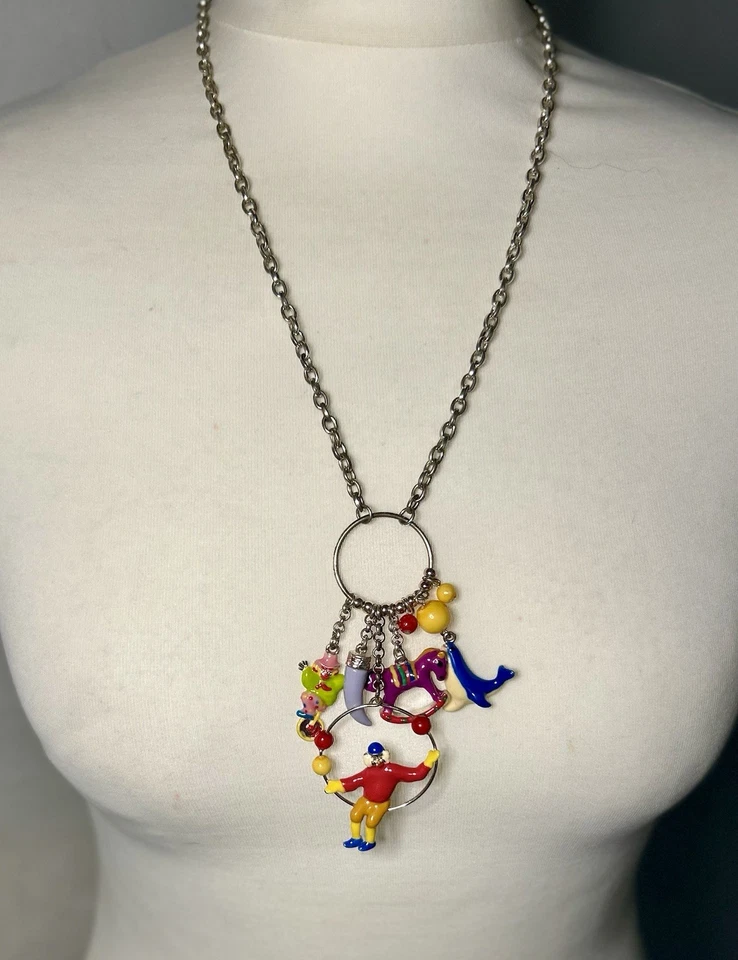 Vintage Circus Theme Charm Necklace Clown Seal Horse Enamel Statement - Image 1 of 4