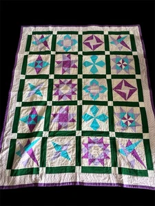 Vtg Handmade Purple Green Floral Patchwork Quilt, Granny Square Multi Stars - Picture 1 of 7