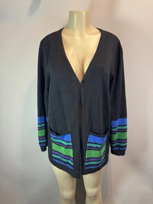 Bob Mackie Usable Arte Negro Verde Brillante Cárdigan Suéter Academia Clásico M Foto 1 de 4