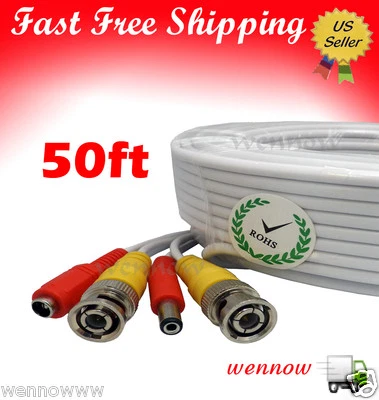 White 50 ft Power & Video Cable for Security CCTV use / Zmodo / Swann / Qsee  - Image 1 of 2