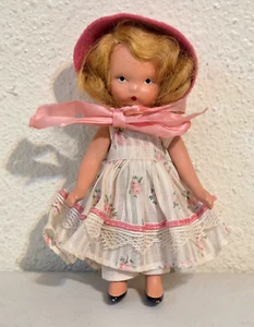 Vintage Nancy Ann Storybook Doll Blonde Hair with Pink Bonnet, Floral Dress 5.5" - Picture 1 of 6