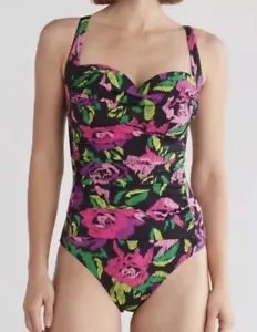 NEW BETSEY JOHNSON BRIGHT FLORAL ONE PIECE SWIMSUIT RUCHED SZ Large - Picture 1 of 12