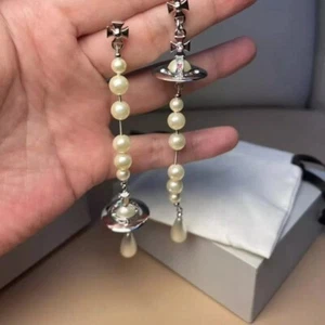 Vivienne Westwood Long Pearl Earrings Silver White Orb Drop Outlet authentic - Picture 1 of 9