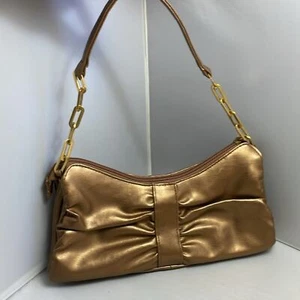 Champagne Gold Bow Shoulder Bag Purse with Gold Chain Links on Handle 3 Pockets - Picture 1 of 10