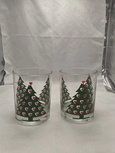 Whiskey Glasses 2 Lowball M.W. Periscope Christmas Tree Hearts 4in Tall - Picture 1 of 4