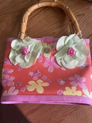 Cartera Lilly Pulitzer Vintage Floral Naranja Flor Bambú Asas Foto 1 de 4