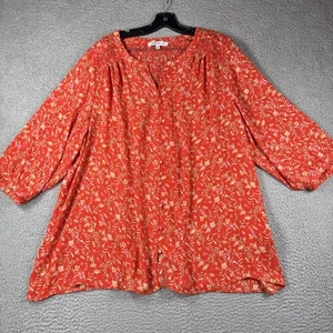 Rose & Olive Blouse Womens 1X Chiffon Orange Floral 3/4 Sleeves Button Up Career - Picture 1 of 15