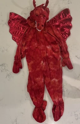 Plush Red Dragon Costume-Headpiece/Jumpsuit attached Wings/Tail, Child Small 4-6 - Image 1 of 4