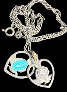 RARE! Sterling Silver Heart SLIDE DOUBLE SIDED Miraculous Mary Guilloche Pendant - Picture 1 of 4