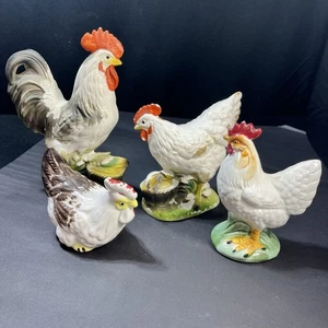 4 statuine in ceramica gallo pollo gallina fattoria statuine vintage anni 50 - Foto 1 di 19
