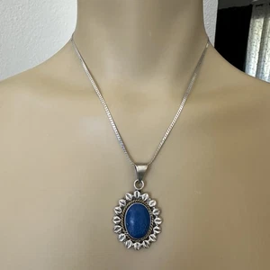 Vintage Taxco Anhänger Halskette 16" Blume blau Lapis Cab Messing 925 Sterling 15,9 g - Bild 1 von 15