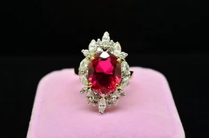 Vermeil 925 Sterling Oval Dark Pink Ruby Ring Band w/ Halo Sz 6.75 - Picture 1 of 7