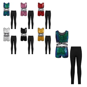 Kids Girls Suit Bottom Outfit Round Neckline Set Elastic Waistband Crop Top - Picture 1 of 49