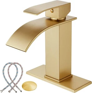 Modern Bathroom Faucet Brushed Gold Faucet Waterfall Lavatory Vanity W/Drain - Picture 1 of 6