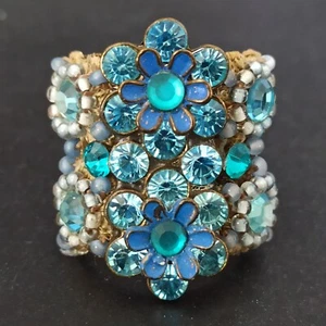 Michal Negrin Wide Chunky Band Ring Azure Light Blue Floral Crystals Statement - Picture 1 of 22