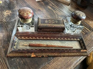 Antique Victorian Boulle Style 12.5” Inkstands Inkwells W/tray, Pen,Leather Top - Picture 1 of 14