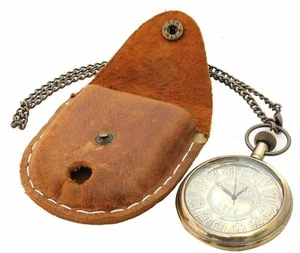 Antique Brass Pocket Nautical Watch Marine Leather Case Collectibles Item - Picture 1 of 5