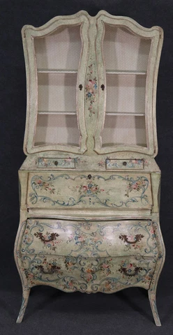 Unique Venetian Italian Paint Decorated Secretary Desk with Bookcase Circa 1890s Cover