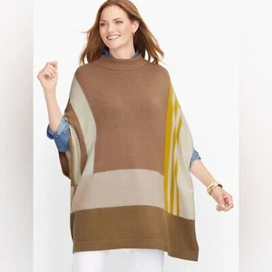 TALBOTS Women's Colorblock Knit Mock Neck Poncho Neutral Lagenlook Size Medium - Picture 1 of 11