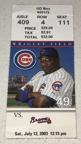 7/12/03 Braves Chicago Cubs Wrigley Field Game Used MLB Ticket Stub Sosa HR #517 Cover