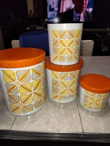 Vintage Retro Deco Kitchen Canisters Kitsch Vtg Atomic Orange MCM Mid Century - Picture 1 of 15