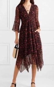 Rachel Zoe Caden Silk Floral Hanky Asymmetric Chiffon Dress Ruched 2 6 - Picture 1 of 16
