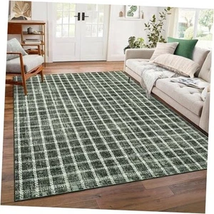 Area Rugs 5x7 Non-Slip Washable Low-Pile Carpet - Checkered Braided Geometric - Picture 1 of 7