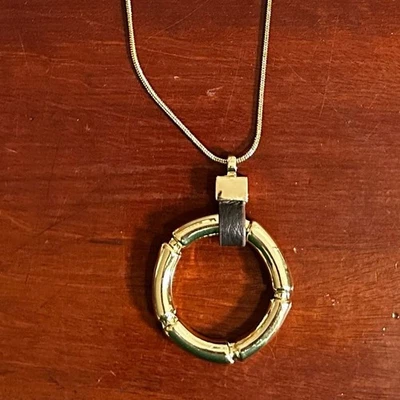 White House Black Market WHBM Circle Pendant Leather Necklace Gold Long Chain - Image 1 of 4