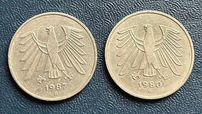 Two German 5 Deutsche Mark Coins - 1980 & 1987 - Image 1 of 2