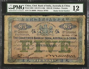 CHINA 1926 Chartered Bank of India Australia 5$ P-S201 Radar serial number PMG12 - Picture 1 of 4