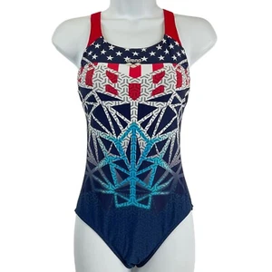 Arena Badeanzug Damen Gr. 34 blau rot Bishamon USA Schwimmen Profi Rücken einteilig $ 78 neu mit Etikett - Bild 1 von 13