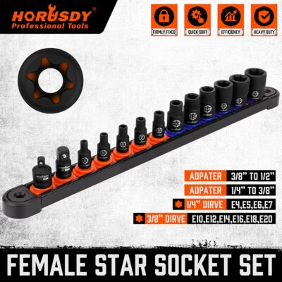 13PC Female E Torx Star Socket Set External E4-E20 Torque 3/8" 1/4" Swivel  Rail - Image 1 of 4