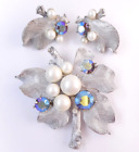 Vtg Blue AB Rhinestone Fx Pearl Leaf Brooch Earrings SET Aurora Borealis