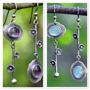 Asymmetric Inlaid Crystal Flower Drop Earrings Vintage Style Retro Boho Silver - Picture 1 of 10