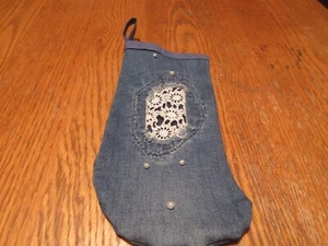 Handcrafted Denim Christmas Stocking w lace and pearl applique - Picture 1 of 3