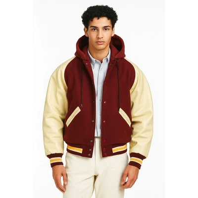 Vintage DeLong Sz. M Varsity Letterman Hooded Jacket Burgundy Wool Leather NWT  - Image 1 of 4
