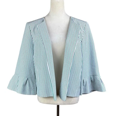 Chaqueta de Carrera Anne Klein L Verde y Azul Marino Rayas Seersucker Frente Abierto Volantes Puño Foto 1 de 4
