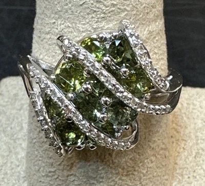 Sterling Silver, Diamonds & Peridot Cluster Ring - Size 10 - Image 1 of 4