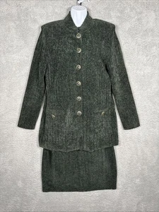ST. JOHN COLLECTION Marie Gray Size 12 Green Button Cardigan Blazer Skirt Knit - Picture 1 of 19