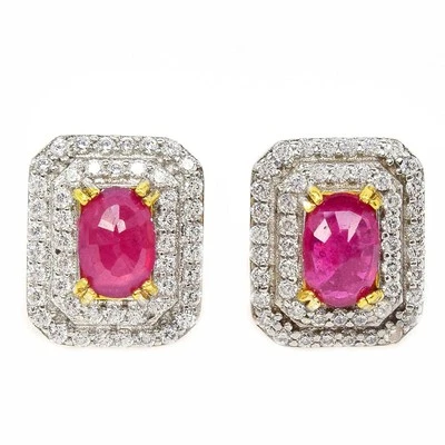 925 STERLING SILVER EARRING GENUINE PINK RED RUBY OVAL & WHITE CZ GEMSTONE - Image 1 of 4